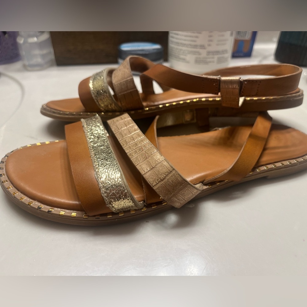 BAMBOO Brown and Gold Sandals with Metallic Straps